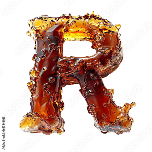 Top view of a 3D letter R made of a splash of cola isolated on a white transparent background
