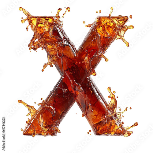 Top view of a 3D letter X made of a splash of cola isolated on a white transparent background