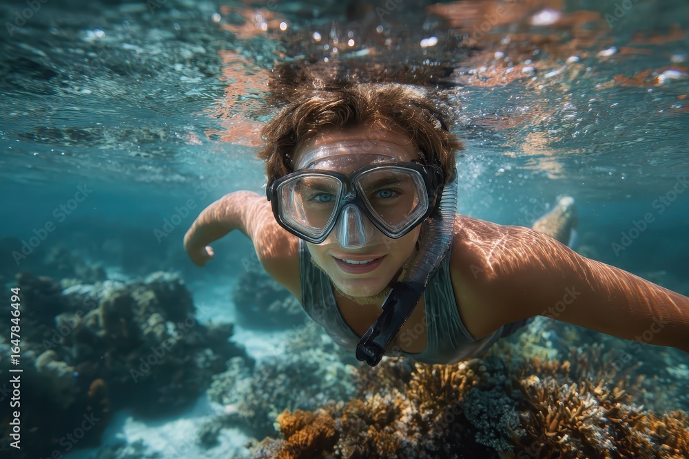 Fototapeta premium Young man snorkeling in the vibrant waters of the Great Barrier Reef, exploring colorful coral and marine life under clear blue skies