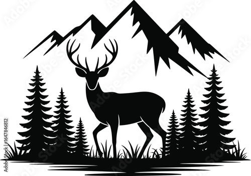 Majestic deer among pine trees and mountains stag antlers