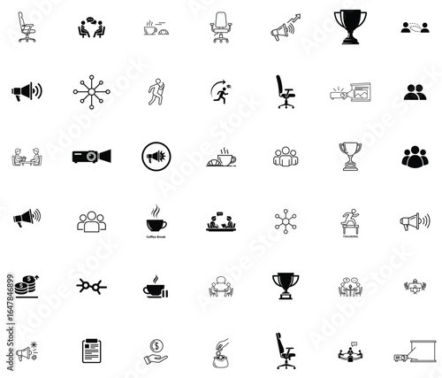 Work and business icon set – office, teamwork, productivity, Business management line icon set. corporate, document, office icons outline collection Leader, Team Meeting, Target, Folder, Work Time, 