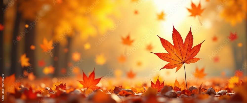 Obraz premium Vibrant autumn maple leaves falling gently in a sundrenched forest, creating a magical and colorful carpet on the ground, evoking a sense of seasonal beauty and tranquility