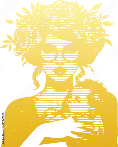 Golden lined engraving of a woman with glasses and floral hair holding a baby in her arms illustration