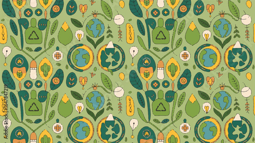 Eco friendly pattern with earth leaves and recycling symbols nature