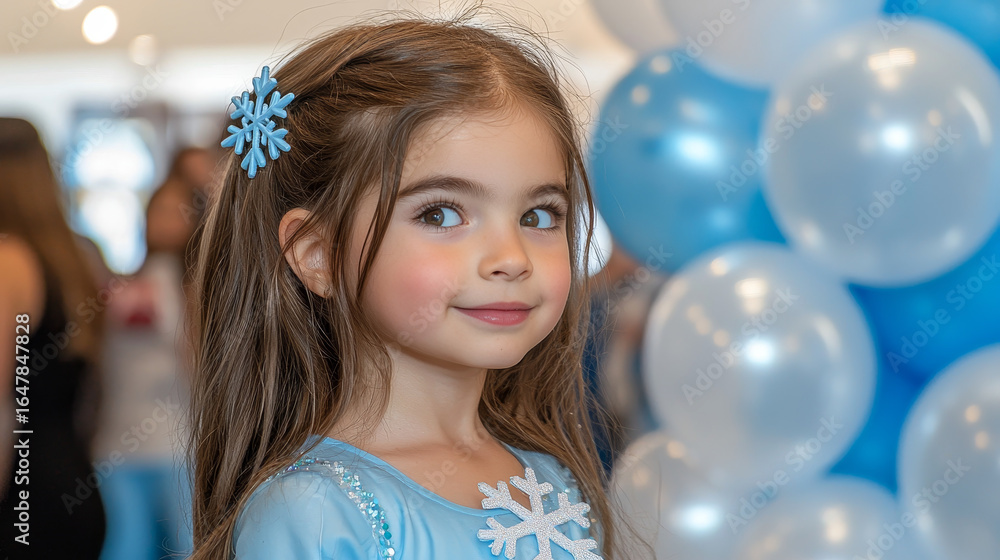 Naklejka premium Young girl smiles joyfully winter themed birthday celebration, dressed light blue outfit adorned with snowflake details. background features blue and white balloons, enhancing festive atmosphere