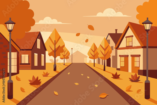 Autumn city street with trees and houses, a colorful vector illustration