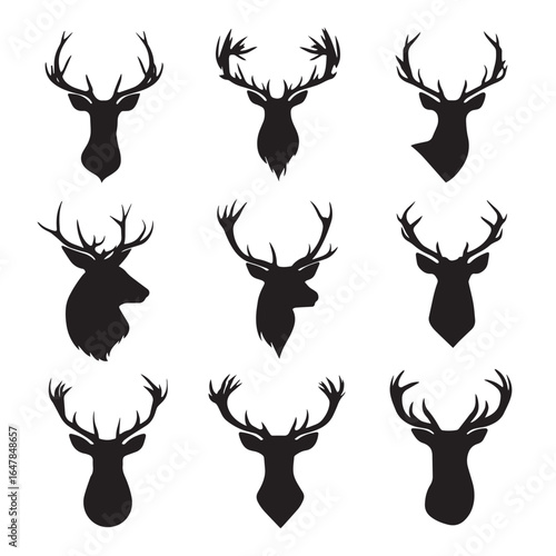 vector illustration of deer head silhouette set, Black & White silhouette set 
