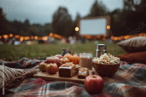 Fototapeta Naklejka Na Ścianę i Meble -  Outdoor movie night with fall treats on a cozy plaid blanket.
