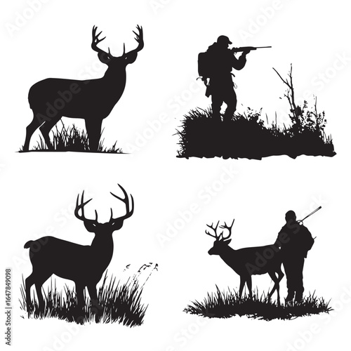 vector illustration of deer hunting scene silhouette set, Black & White silhouette set 