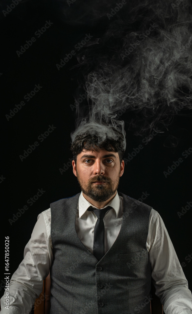 Fototapeta premium Male businessman on black background in white smoke clouds