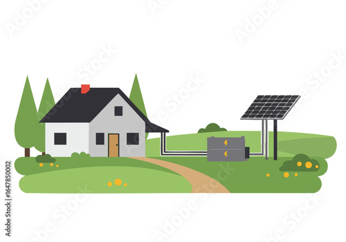 charming home with a solar panel system and battery storage set in a picturesque landscape  Ideal for illustrating sustainable energy and home battery solutions Clean modern illustration