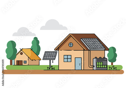charming village scene showcases a solar-powered home with battery storage highlighting sustainable energy and rural living Clean lines and a pastel color palette