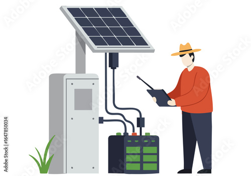 A farmer checks a solar battery system outdoors. A man in a hat inspects the equipment with a tablet. Bright, modern illustration.