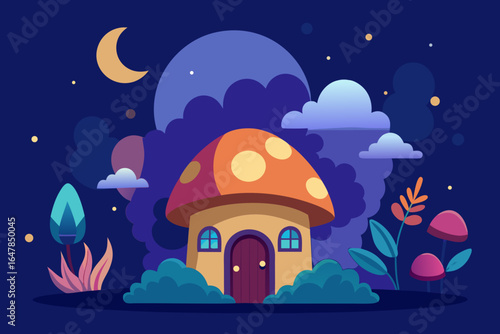 A cartoon fairy tale castle stands on a hill with stars in the dark night sky, its windows glowing with warm light