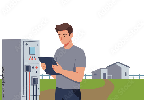 A young man inspects electrical equipment with a tablet outdoors. Modern utility setting, professional focus, clear composition.