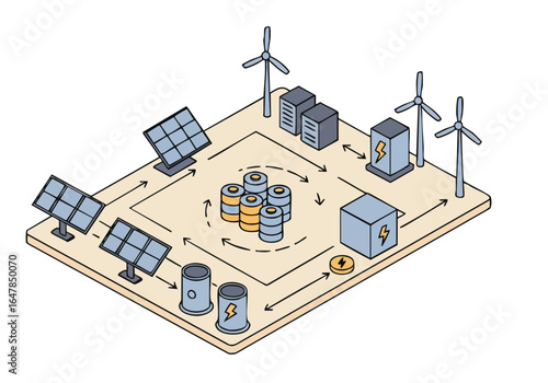 Isometric illustration showcases a renewable energy hub with solar panels, wind turbines, and battery storage. It highlights a backup flow system for sustainable power. Clean, modern design.