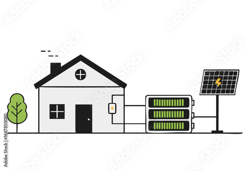 modern home illustration featuring solar panels a battery and a house Clean lines and a minimalist style showcase sustainable energy solutions Ideal for energy technology and eco-friendly concepts