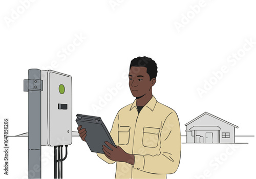 A professional man inspects an electrical meter box outdoors. He?s reviewing data on a tablet, suggesting utility work or inspection. Clear, modern illustration.