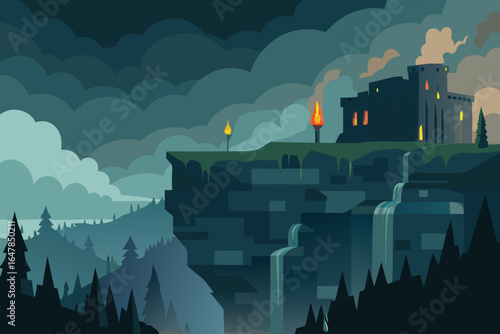 An industrial urban cityscape illustration with a black silhouette of buildings, factories, and skyscrapers under the night sky