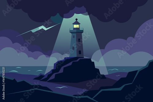 A lone lighthouse beacon illuminates the dark night sky over a rocky coastline