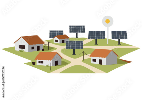 A stylized village scene showcases a solar energy installation powering homes. Clean, modern design with a warm color palette. Ideal for sustainability and rural development concepts.