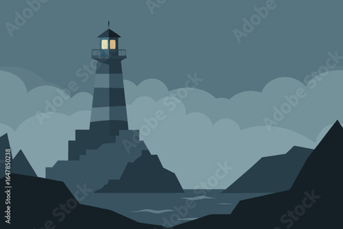 A classic white and green lighthouse tower stands as a navigation beacon on a rocky coast overlooking the blue sea