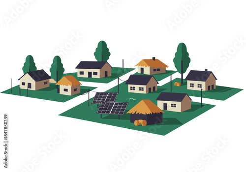 stylized village scene showcases solar panels powering homes This vibrant illustration depicts sustainable living and rural energy solutions Ideal for environmental and development themes