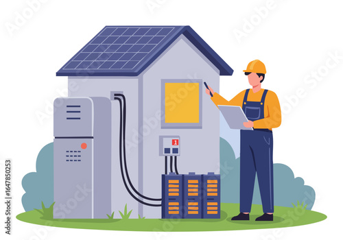A technician inspects a solar panel system with a laptop. Modern illustration depicting renewable energy and sustainable technology. Clean, professional design.