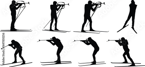 PrintBiathlon silhouette athletes, cross-country skiing, rifle shooting sport, winter competition, professional biathletes, skiing and shooting, outdoor sports action