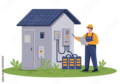 A technician inspects a solar panel system with battery storage. Modern, clean illustration depicting renewable energy and maintenance. Professional setting, bright colors.