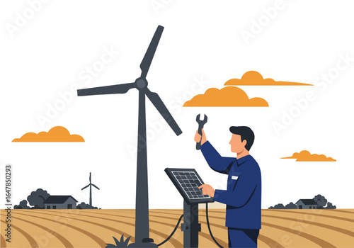 A technician inspects a wind turbine, checking equipment with a tablet. Scenic rural landscape background. Modern illustration style.