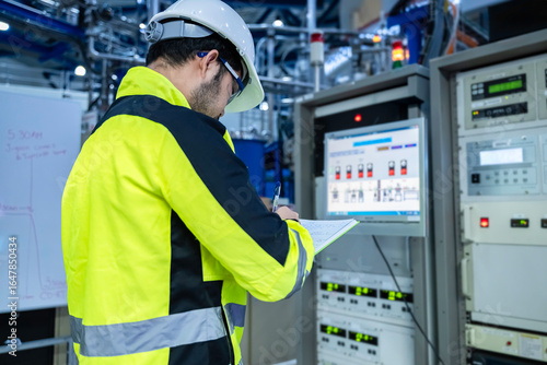 Foto Electrical engineer woman checking voltage at the Power Distribution Cabinet in