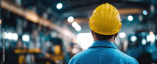 [The worker in a yellow hard hat in a large industrial factory environment]