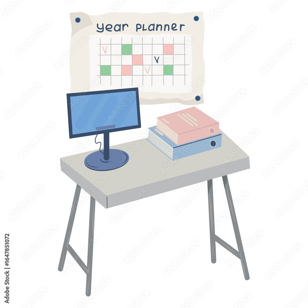 Fototapeta premium Home Office Desk with Year Planner, Minimal Workspace and Calendar, Productive Office Setup Illustration