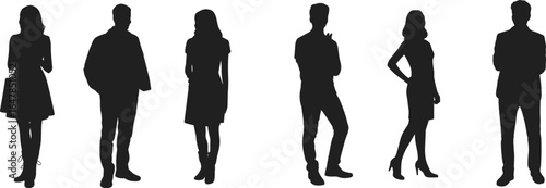 PrintBusiness people silhouettes, group standing, professional attire, confident posture, teamwork, diversity, corporate culture, collaboration, office environment, modern style