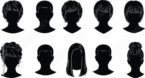 Cartoon hairstyle silhouettes, diverse haircuts, black head icons, curly and straight styles, updos, short and long hair, trendy design
