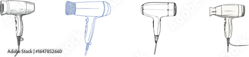 One line drawing illustration of hairdryer on white isolated background designed for business cards, banners, and store use, showcasing a modern aesthetic