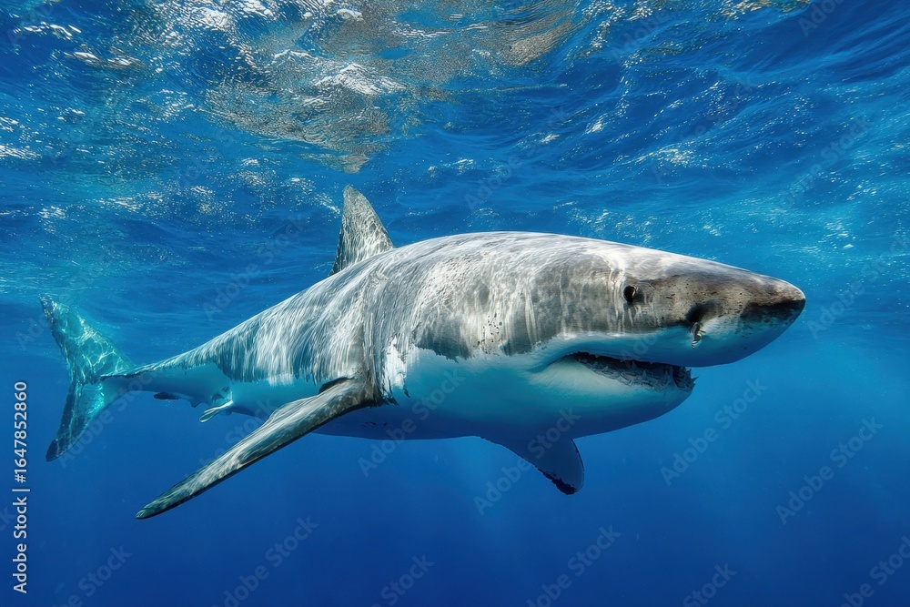 Fototapeta premium Great white shark swimming gracefully in clear blue ocean waters showcasing its powerful presence and natural habitat during a sunny day