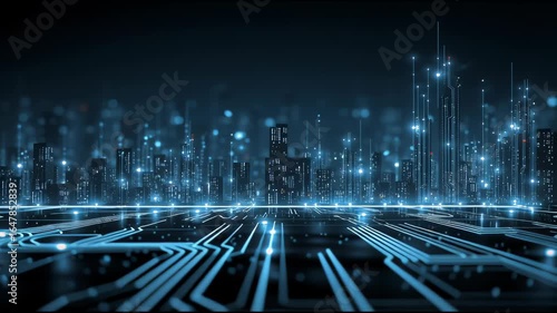 Cyber Cityscape: A futuristic digital city pulses with energy, its towering structures interconnected by intricate circuits and radiant points of light.