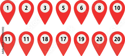 Collection of red map location pointer pins with numbers for marking destinations on a GPS or travel route
