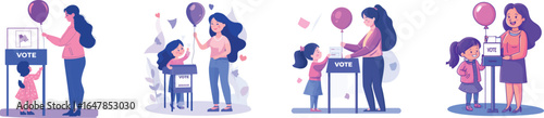 At the polling station, a mother brings her daughter to witness a woman voting at a transparent ballot box, as shown in a modern illustration