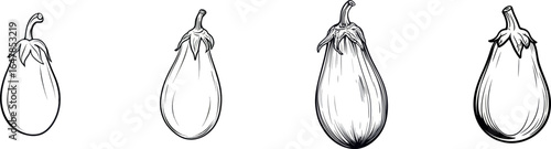 A white background isolates a one-line drawing of an eggplant, which can be used by grocery stores for printing on posters and banners