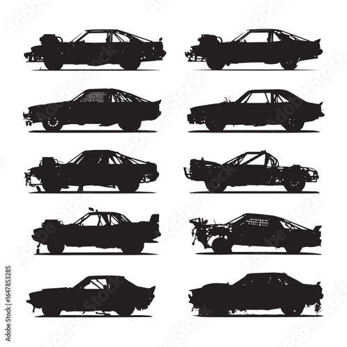 vector illustration of demolition derby car silhouette set, Black & White silhouette set 