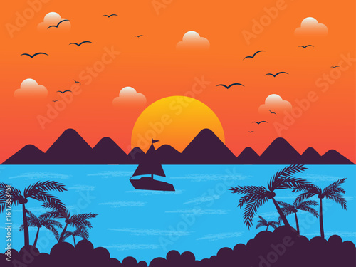 Vivid Sunset Over Ocean with Sailboat and Palm Trees