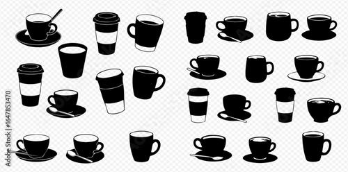 A graphic collection of various black coffee cups, mugs, and takeaway paper cups on a transparent background.