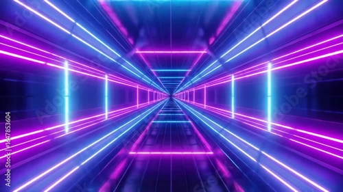 Futuristic neon tunnel background with glowing lines in blue and purple colors, seamless loop