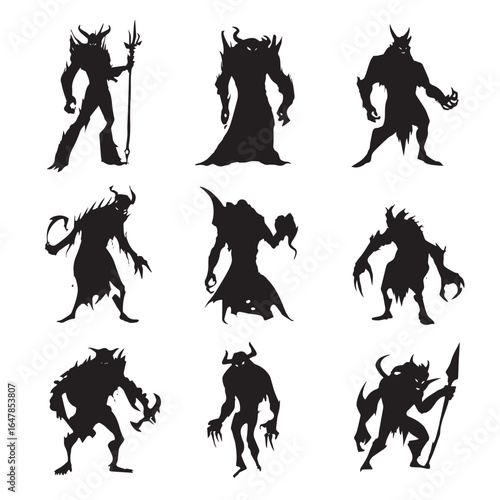 vector illustration of demon silhouette set, Black & White silhouette set 