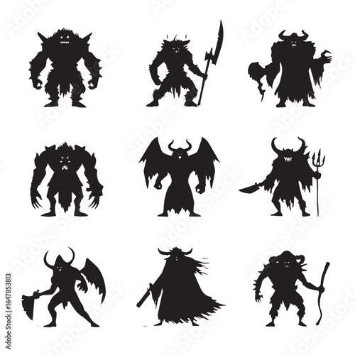 vector illustration of demon silhouette set, Black & White silhouette set 