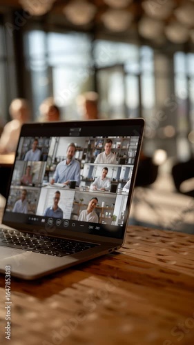 A laptop displays a virtual meeting with multiple participants connected online in a modern workspace.