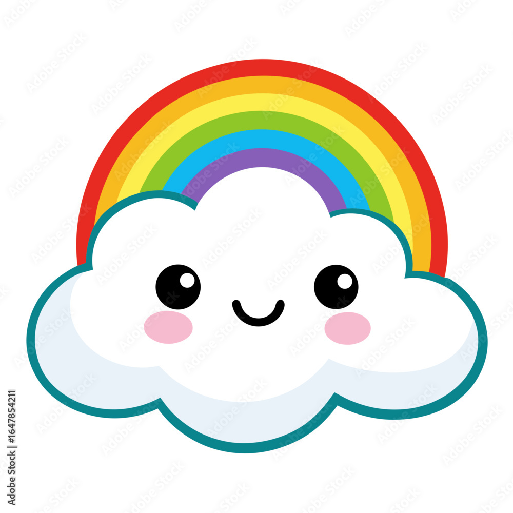 A Adorable Vector Kawaii Cloud with Rainbow: Happy, Childlike, Whimsical Illustration for Children's Products on white background A Adorable Vector Kawaii Cloud with Rainbow: Happy, Childlike, Whimsical Illustration for Children's Products on white background